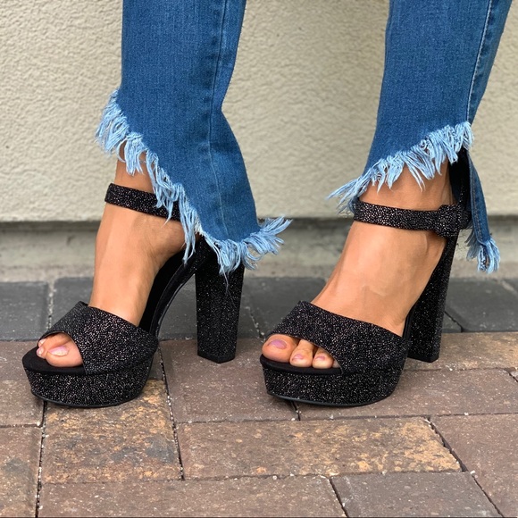 Midnight Black Shimmering Chunky Heel Platform - Picture 5 of 8